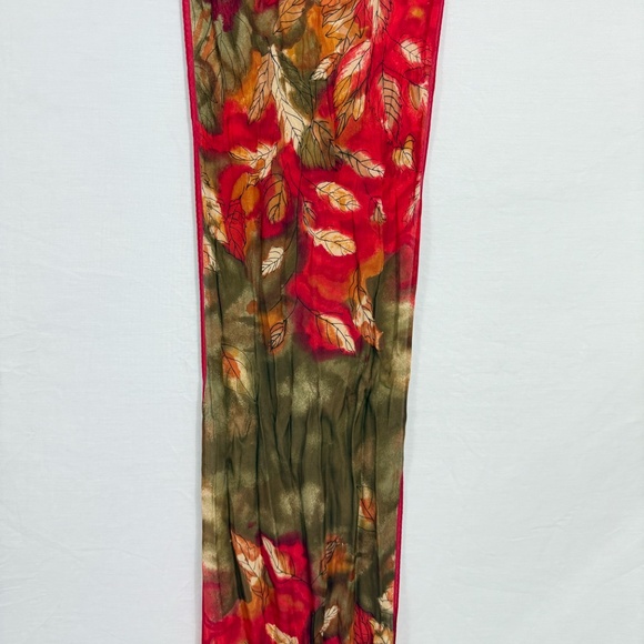 Vera Ibiza Silk Red Scarf With Gold and Green Leaves 52" Long - Picture 7 of 10